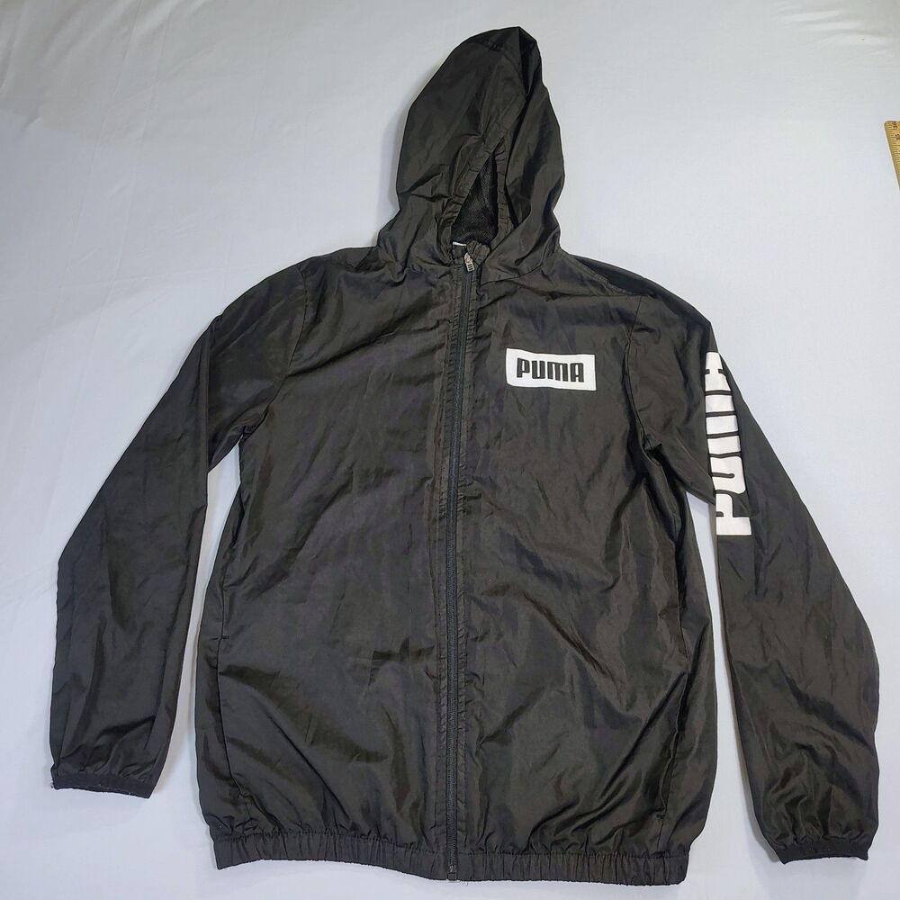 PUMA Hooded Zip Up Windbreaker Mesh Lining Black White Sz Youth XL 18/ 20 Sporty
